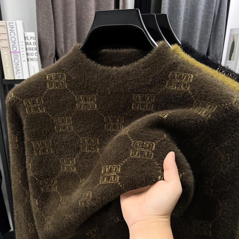 Men s Trendy Winter Knit Sweater: Thickened Imitation Mink Velvet Jacquard Pullover Triple Extra Large кофейный