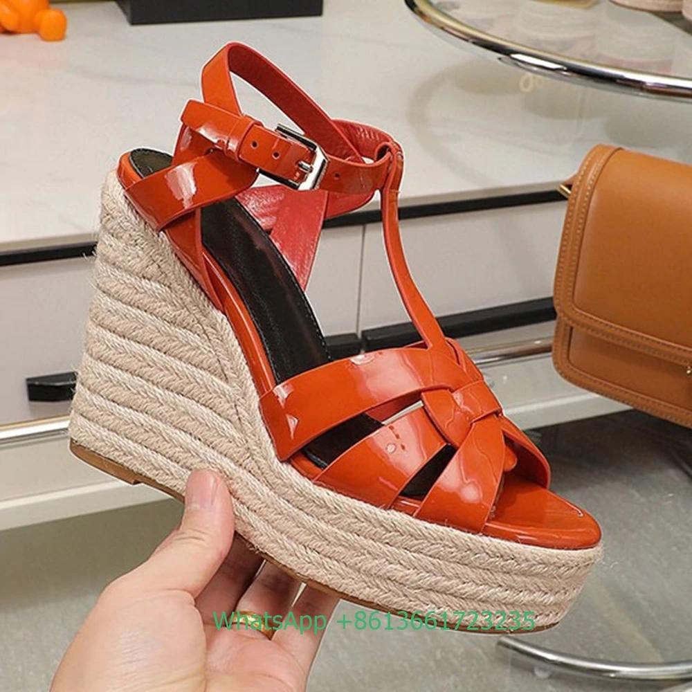 Fashion Cross Straps Open Toe Wedges Women Sandals Solid Color Open Toe Real Patent Leather Espadrilles Shoes Newest Summer 14cm Heels