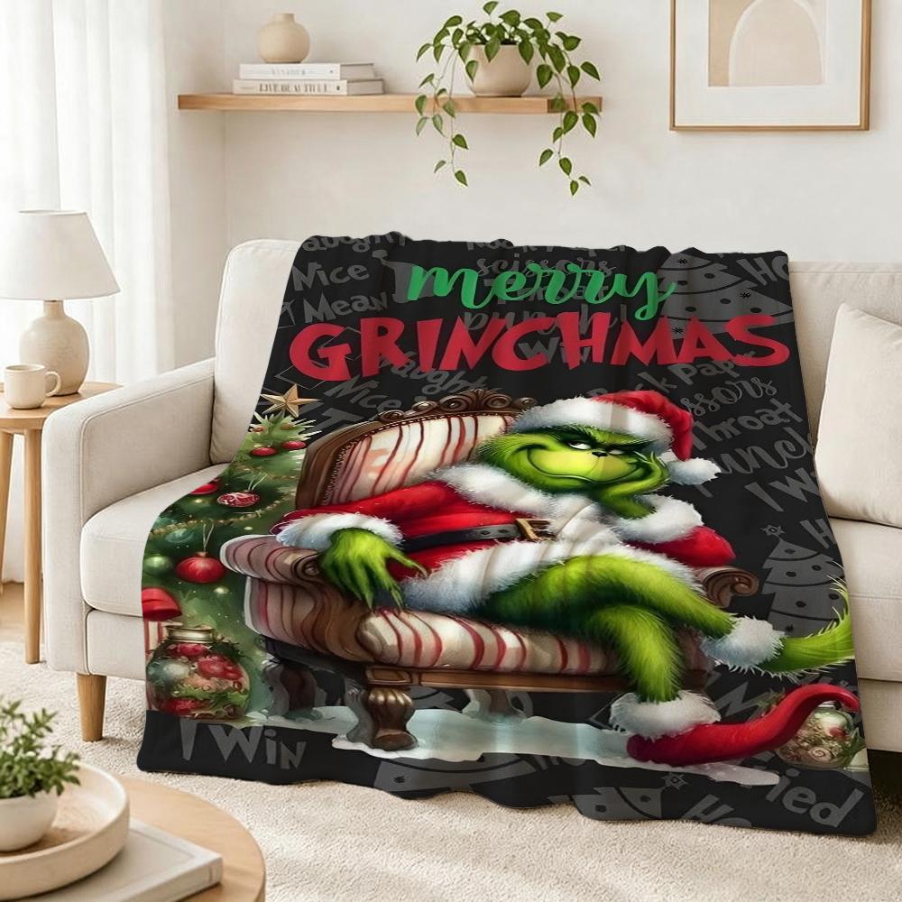 Ho Ho Ho Merry Grinch Christmas Theme Cartoon Flannel Blanket Soft Warm Throw Blanket For Office Sofa Lightweight Home Decor Memorial Gift
