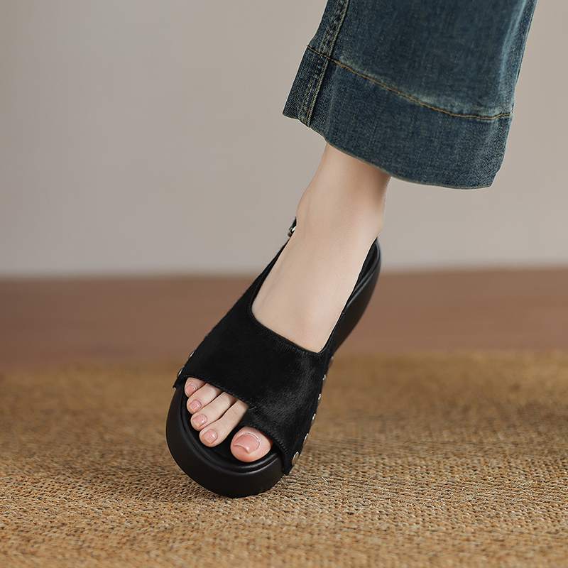 Krazing Pot Horsehair Natural Fur Summer Size 42 European Design Thick Bottom Flat Platform Women Superstar Peep Toe Sandals
