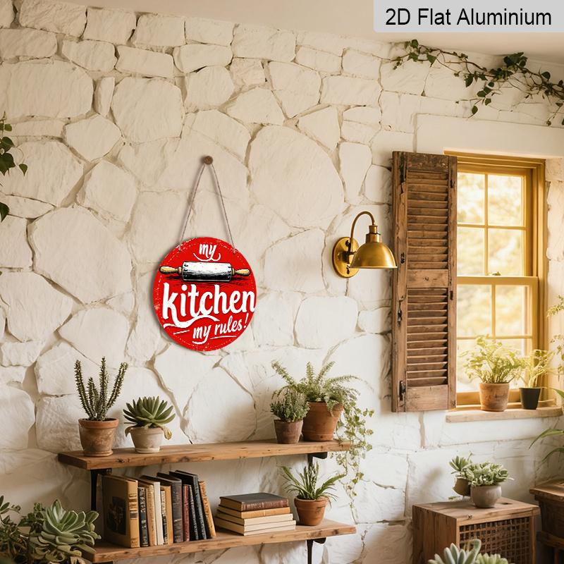2D Flat, 1pc "My Kitchen My Rules" Retro Aluminum Sign - Round Aluminum Wall Art, Vintage Farmhouse Decor for Kitchen, Cafe, Beach House, Backyard