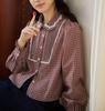 Doll collar contrasting lace split plaid shirt women's short top new shirt