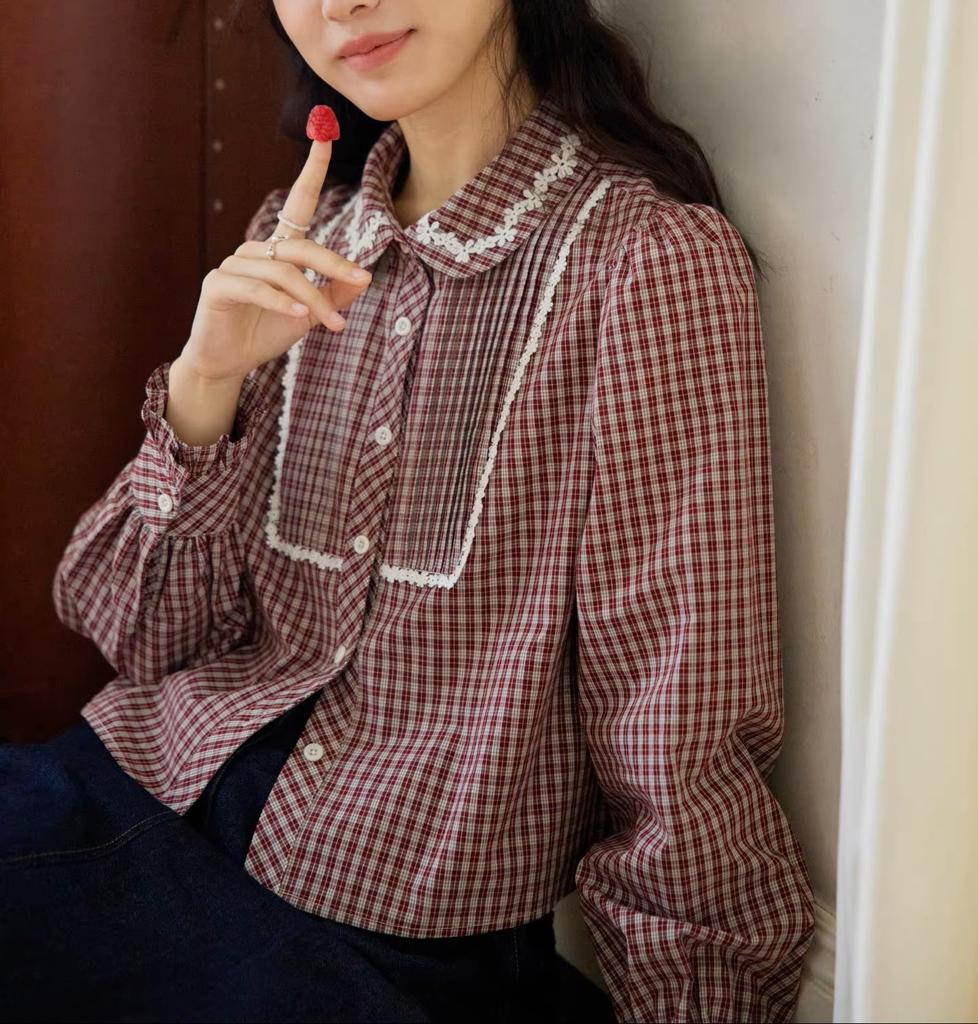 Doll collar contrasting lace split plaid shirt women's short top new shirt