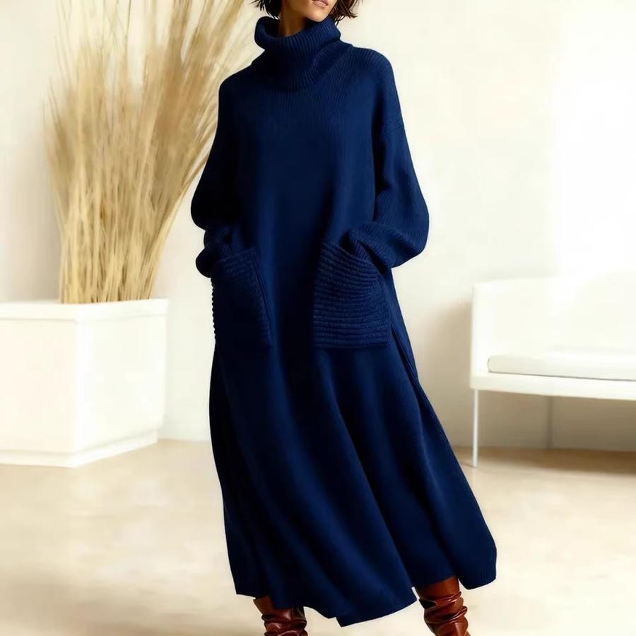 New Style High Neck Knit Dress Loose with Pockets