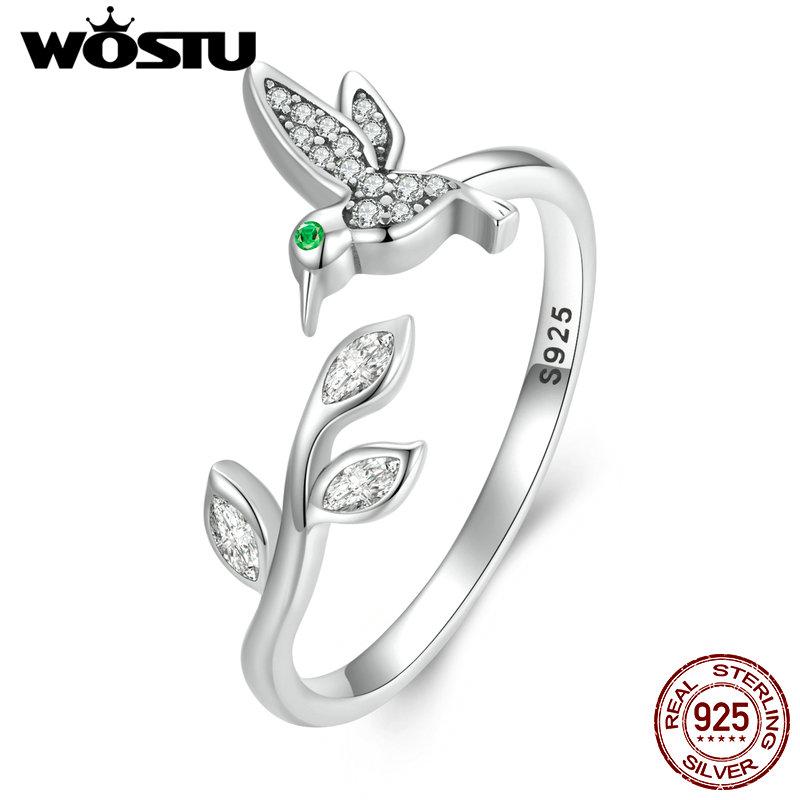 WOSTU 925 Sterling Silver Flower Bird Open Ring For Women Clear CZ Butterfly Adjustable Statement Rings Party Jewelry Gift
