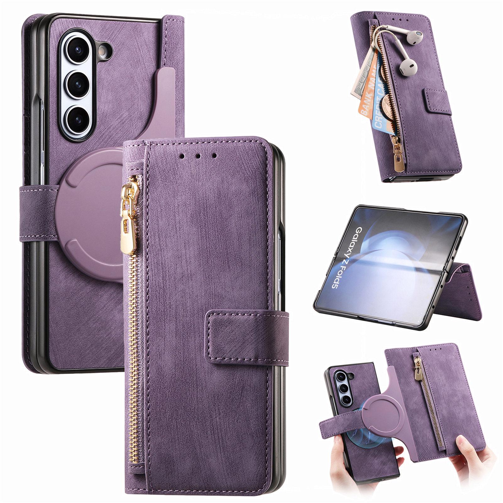 Retro Magnetic Zipper Leather Case for Samsung ZFold 7/6/5/4/3 with Card Slot rosa