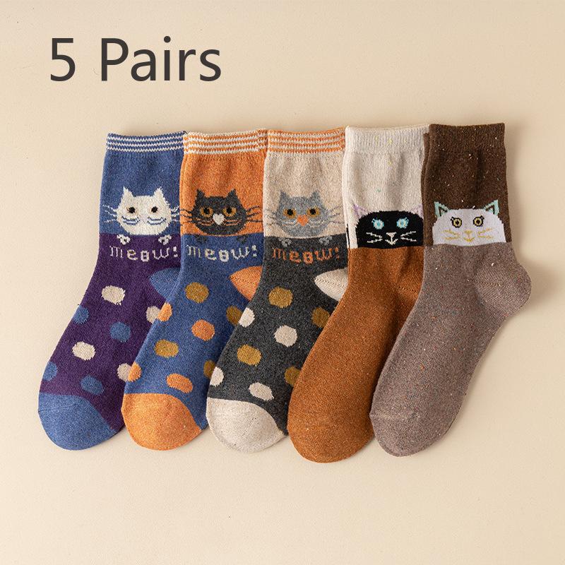 5 Pairs of Female Cute Cartoon Dot Yarn Cat Thick Warm Tube Socks