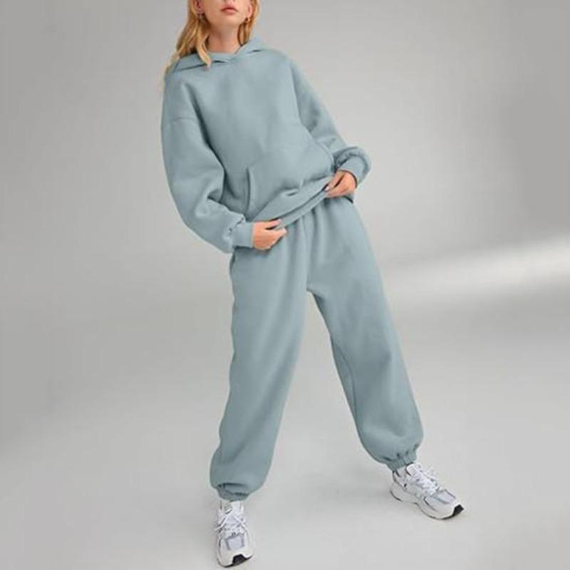 2 pezzi/set da donna, top sportivo, pantaloni, set con cappuccio, manica lunga, colore puro, felpa con cappuccio