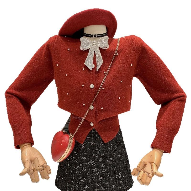 Korean Style Gentle Style Heavy Beaded Bow Design Slim Fit Round Neck Single Breasted Knitted Cardigan Onesize красный