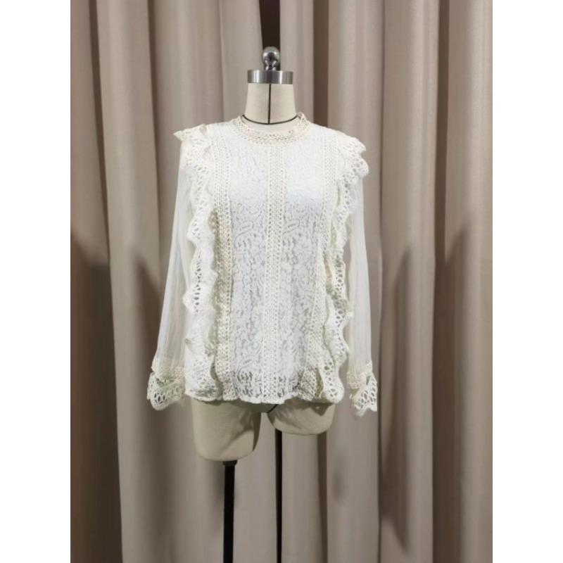 New Elegant Mesh Long Sleeve Lace Blouse Women Solid Color Round Neck Top Women's Loose Shirt Casual Sweet Office Spring Autumn Hollow Out Clothing