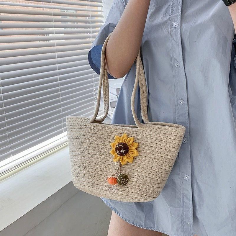 Stylish Sunflower Woven Cotton Bag For Women In Beige And Brown Perfect For Everyday Use