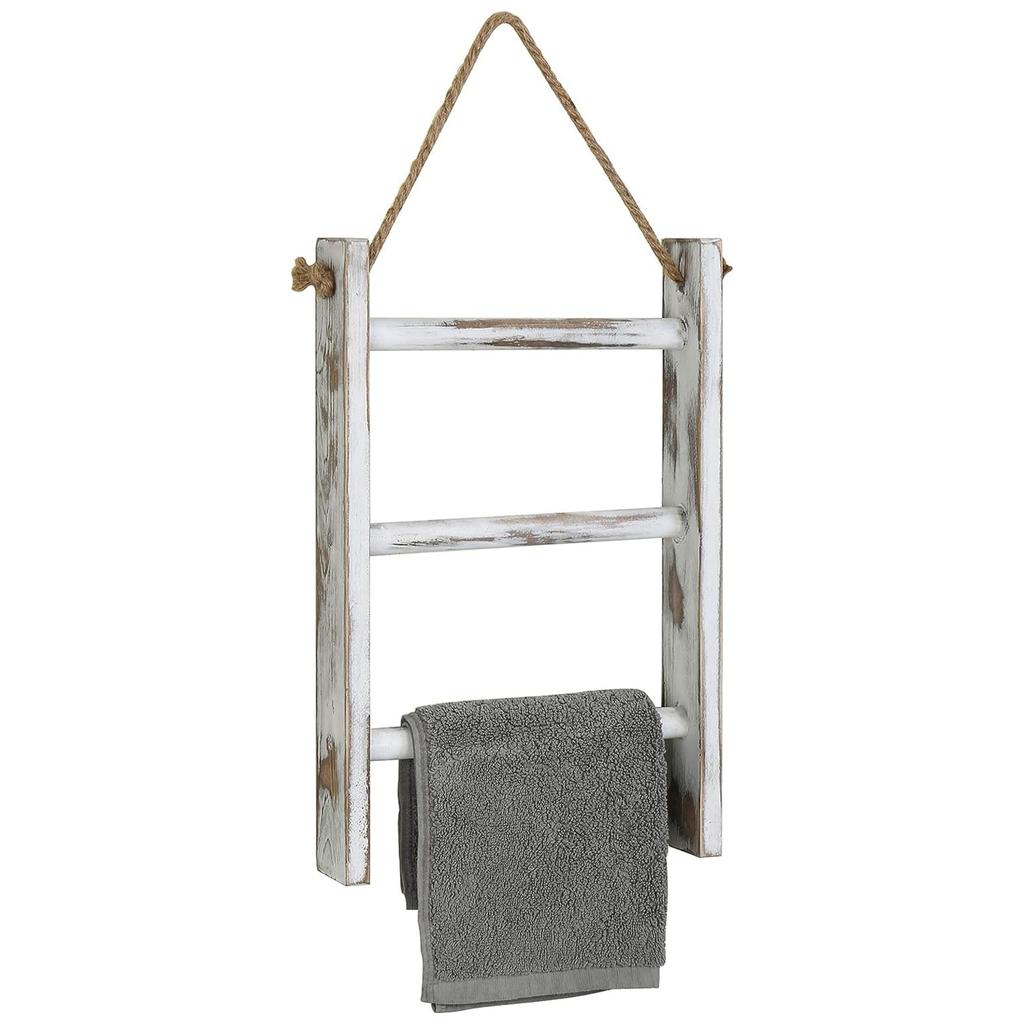 Rustic French Country 3-Tier Wooden Ladder Shelf - Wall-Mounted Towel and Scarf Rack with Natural Jute Rope