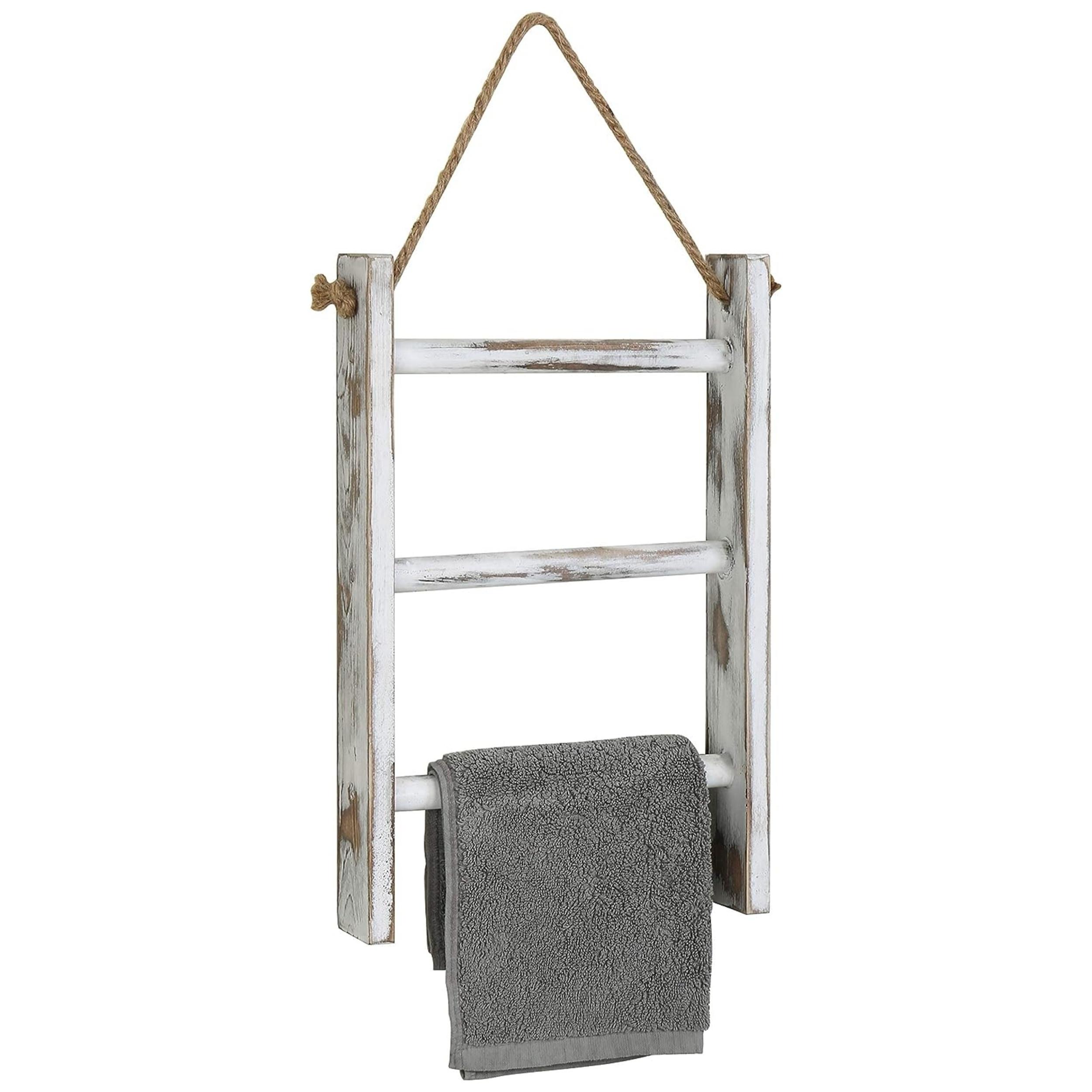 

Rustic French Country 3-Tier Wooden Ladder Shelf - Wall-Mounted Towel and Scarf Rack with Natural Jute Rope белый