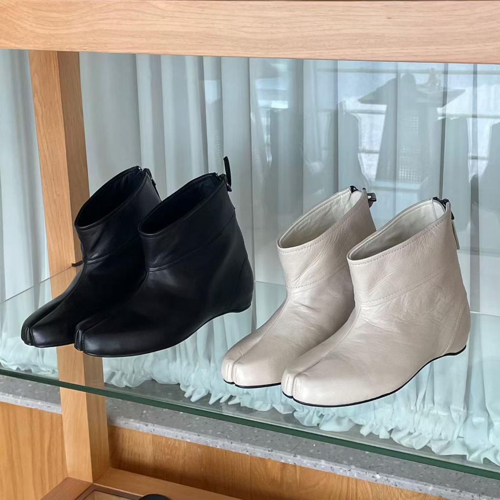 Cowhide version~ Korean version of round head split-toe short boots with inner height increase Martin boots autumn and winter retro western boots wide