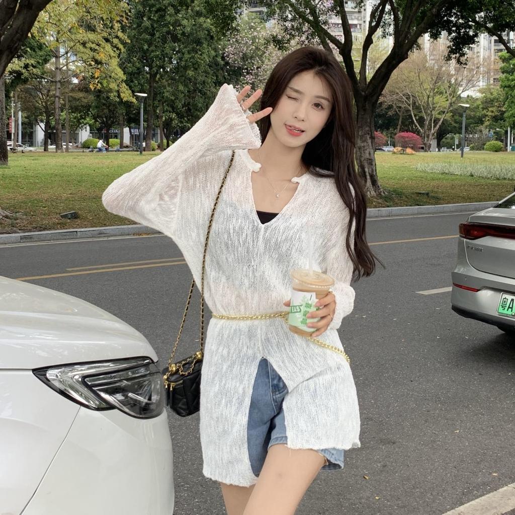 Medium To Long V-neck Knitted Top for Women, Versatile for Spring and Summer, Thin for Outdoor Wear, Sun Protection and Air Conditioning Cover