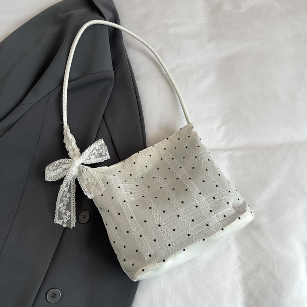 Fashionable Versatile Women Handbag Korean Style Elegant Underarm Bag Decorative Silk Scarf Polka Dot Pattern Bucket Bag