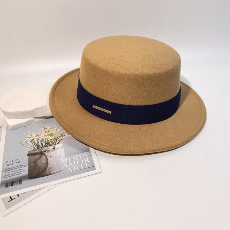 Celebrity French Temperament Flat Top Woolen Top Hat Women's Flat Edge Small Edge Felt Hat British Fashion Simple Autumn and Winter