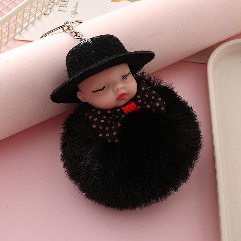 Sleeping Doll Keychain with Hat & Bow, Plush Fur Ball Ornament