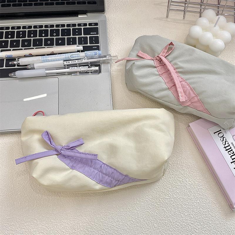 Ins Style Simple Fabric Pencil Case Bowknot Makeup Bag Large Capacity Storage Bag Stationery Pouch School Supplies Girls Gift