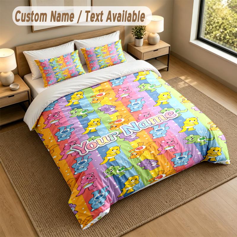 Custom Name Text Bedding 3Pcs Set,Care Bears 1 Duvet Cover 2 Pillowcases Soft Bed Linen For Gift