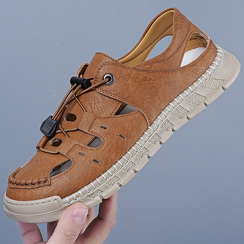 Hard summer leather men's sandals hand-stitched non-slip men's shoes soft-soled outdoor casual shoes bag head shoes