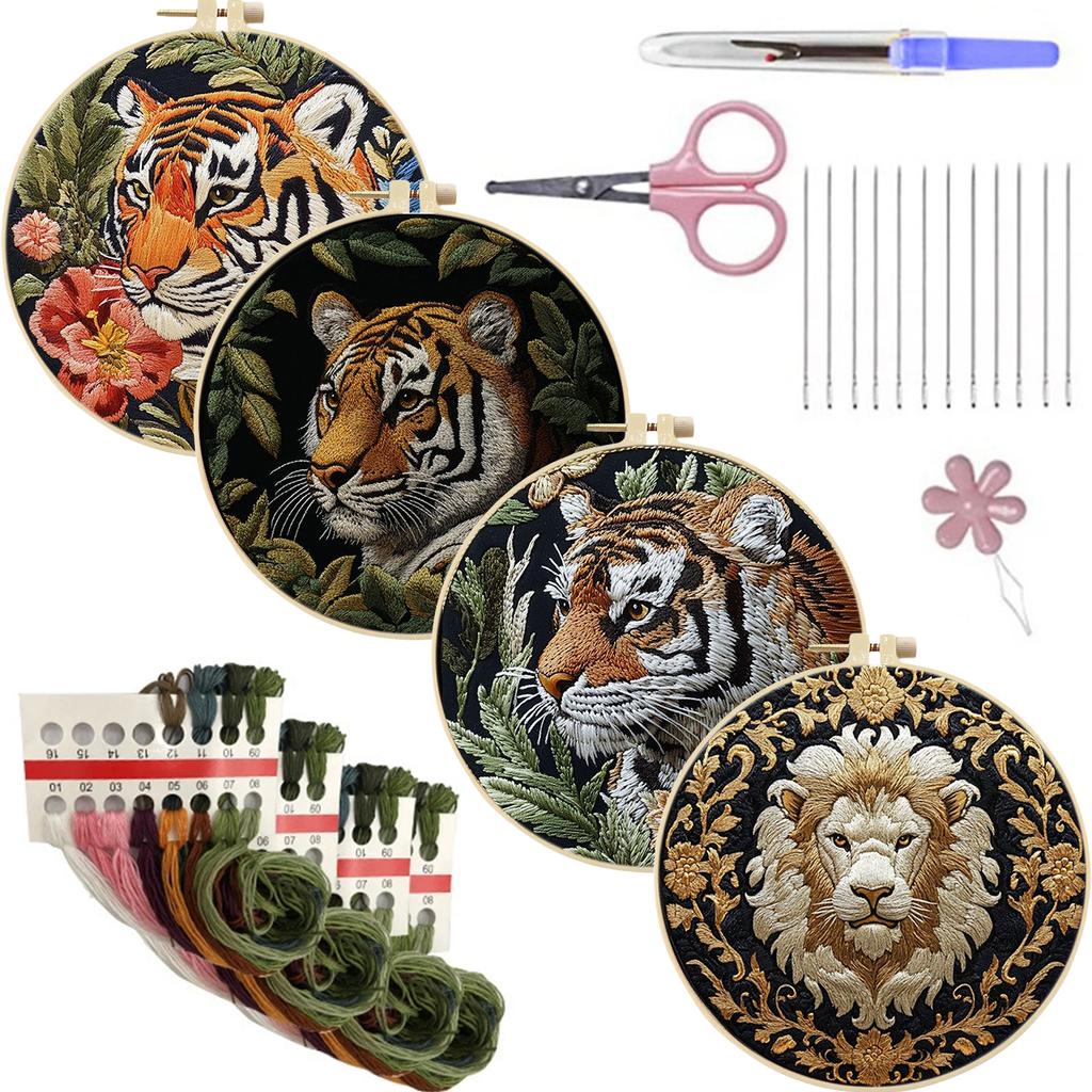 4 Pack Stamped Cross Stitch Kits with Embroidery Hoop Needles Threads Instruction Embroidery Kit Cross Stitch Set for Beginners