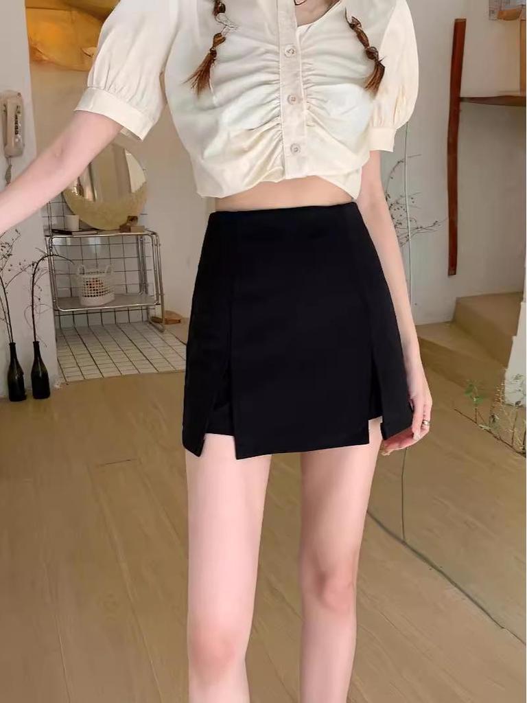 2024 Summer Women's High Waist Black A-Line Slit Culottes Skirt