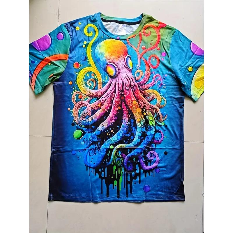 Men's 3D Printed Tropical Octopus Pattern T-shirt Trendy Printed Short-sleeved Breathable Polyester Round Neck Casual Style
