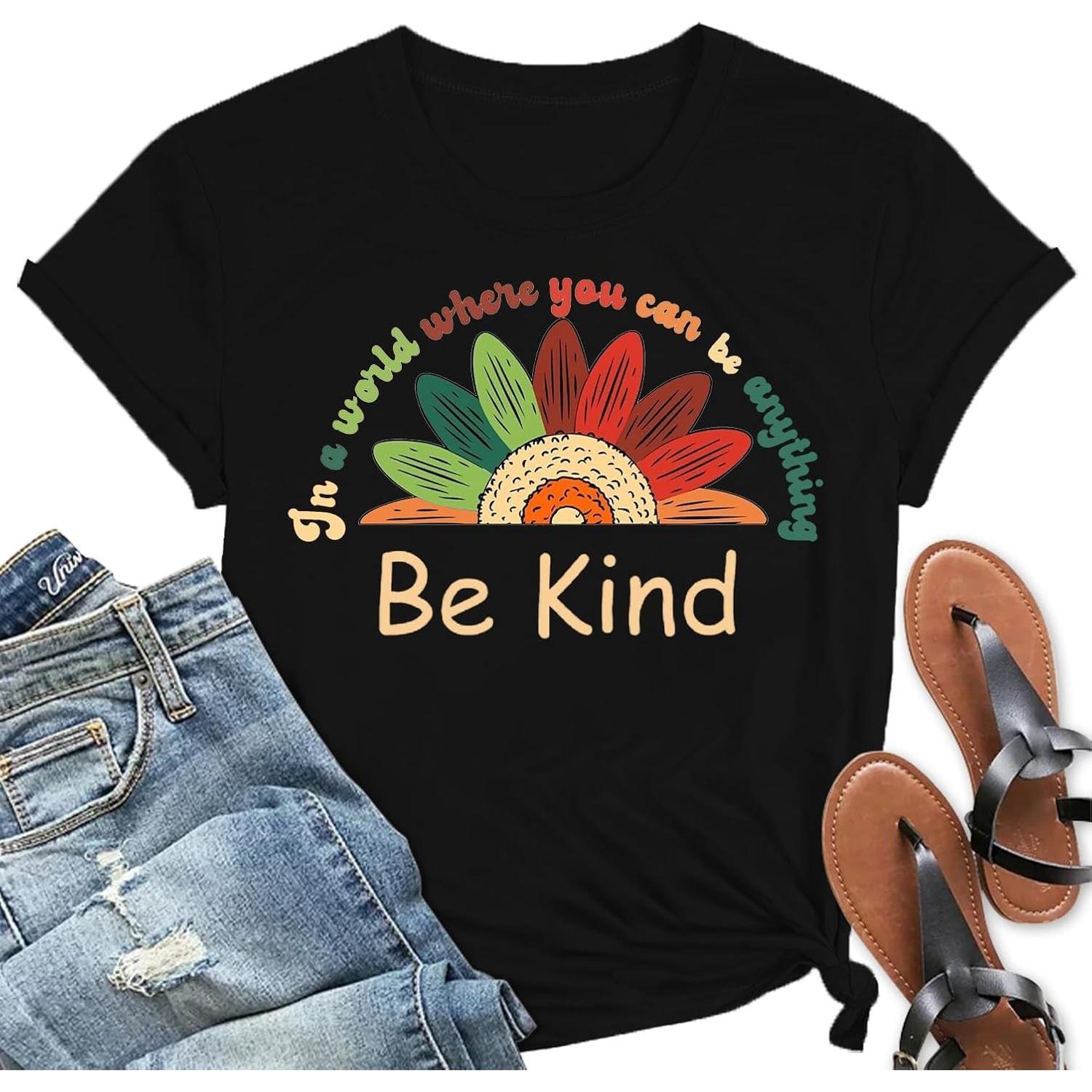 Be Kind Shirt for Women Cute Rainbow Kindness Tshirts Inspirational Teacher Tee Tops S