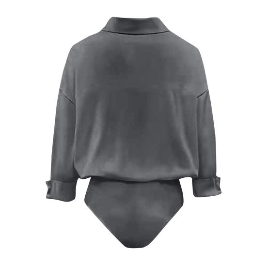 Damen Office Bluse Bodysuit Top Knopfleiste Kragen Langarm Einteiler Arbeitshemd Lässig Lockerer Schnitt Business Tops