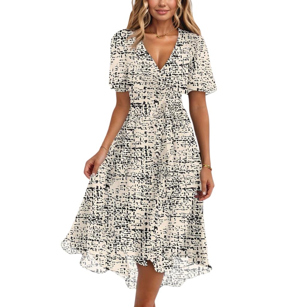 Dámské módní ležérní šaty s výstřihem do V, krátkým rukávem, volánky a vintage potiskem