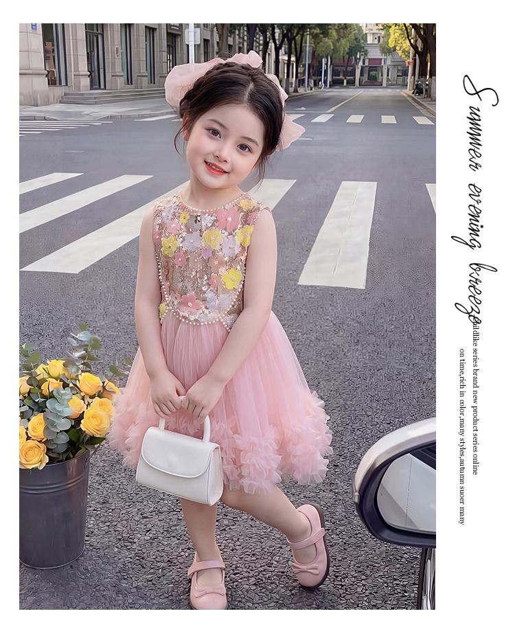 Girl's Pink Mesh Sleeveless Dress Summer Baby Girl Sweet Big Bow Dress Performance Princess Dress