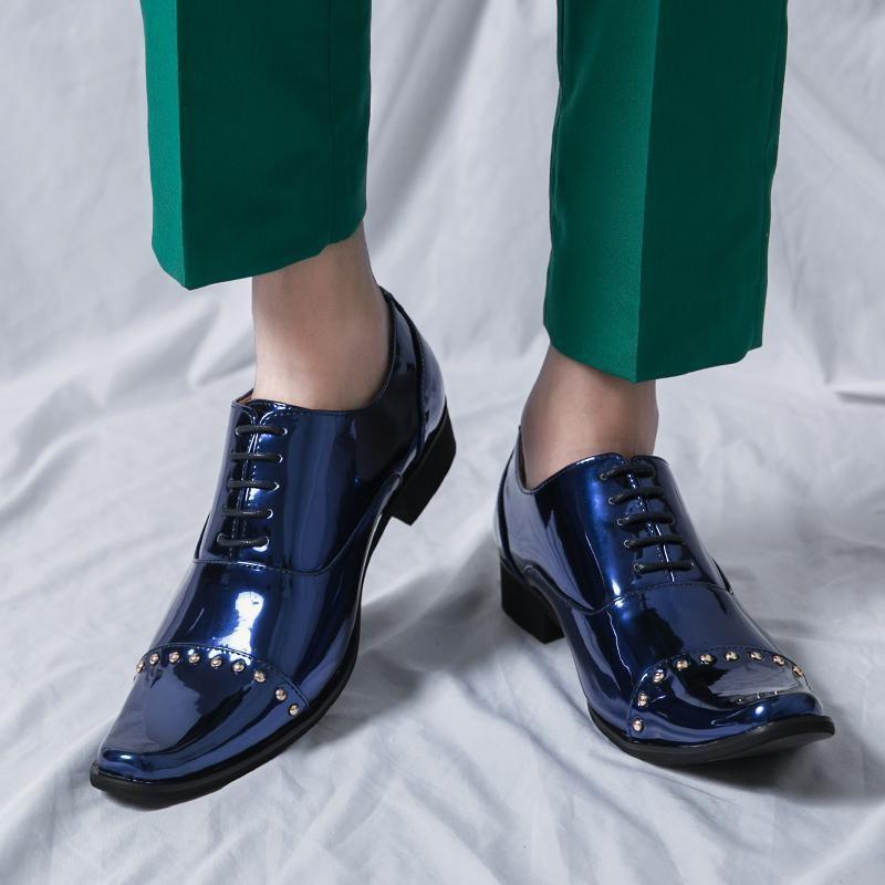 

Корейская версия модных повседневных заостренных кожаных туфель на все сезоны, однотонные мужские глянцевые ноги, стилист в модной обуви 45 синий