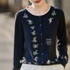 Color Block Wool Embroidered Round Neck Cardigan - Casual Long Sleeve Knit Pullover