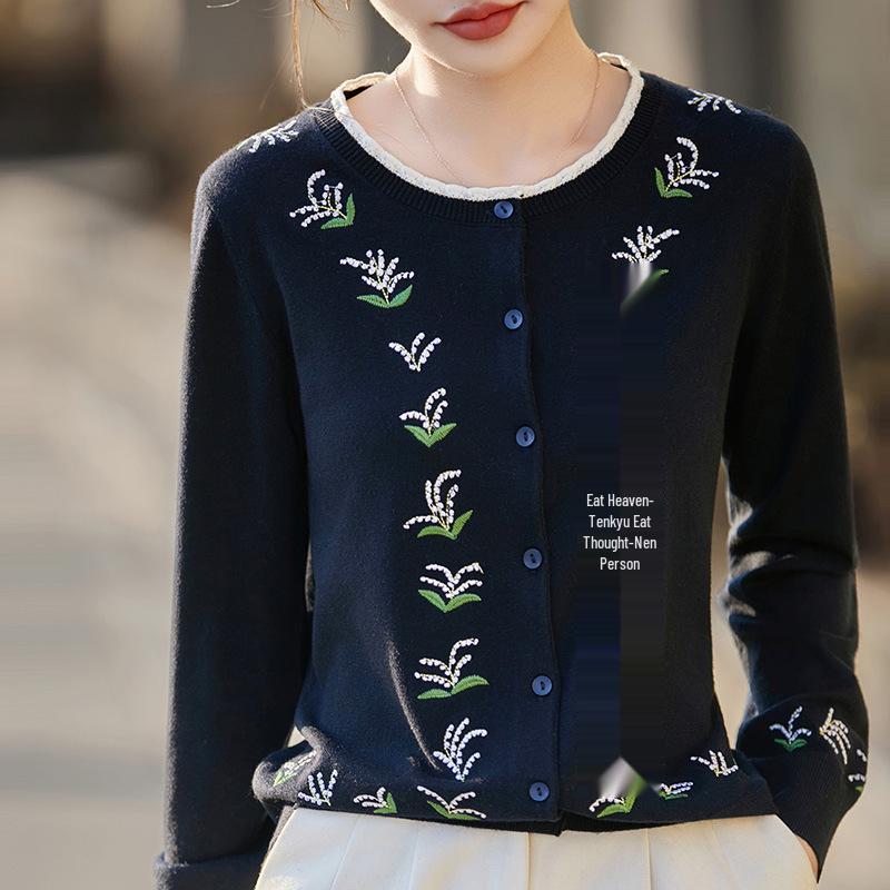 Color Block Wool Embroidered Round Neck Cardigan - Casual Long Sleeve Knit Pullover