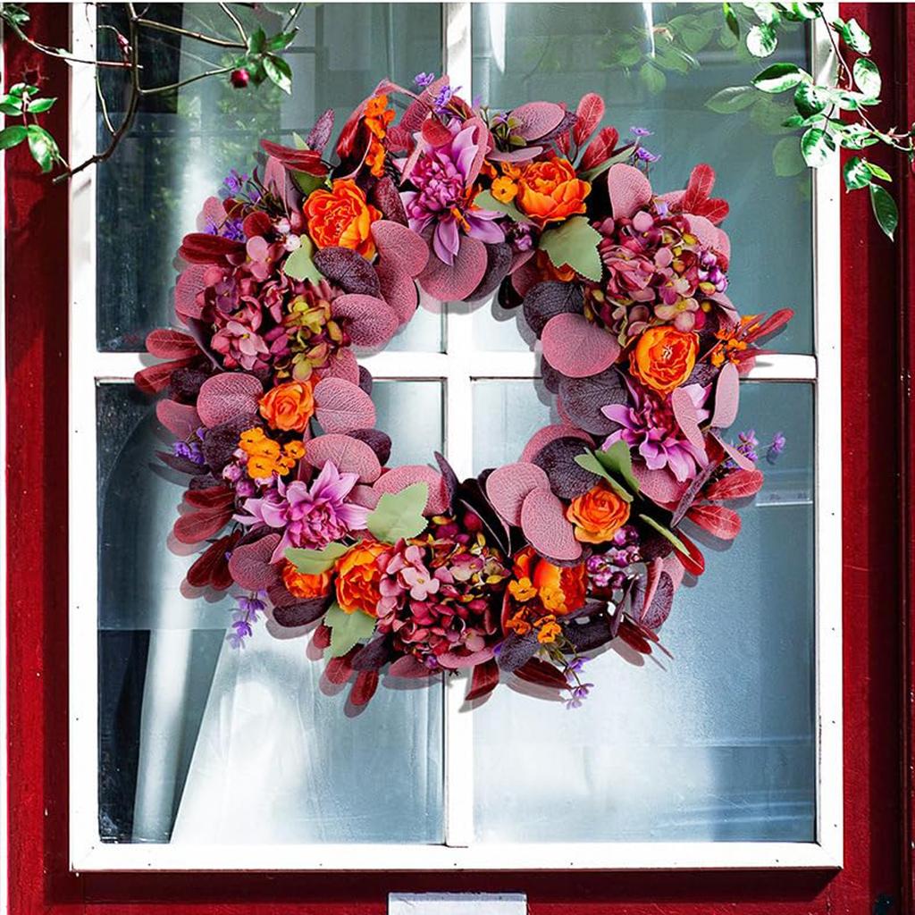 Artificial Fall Wreath With Orange Roses, Purple Hydrangeas, Leaves, 18-inch Front Door Decor