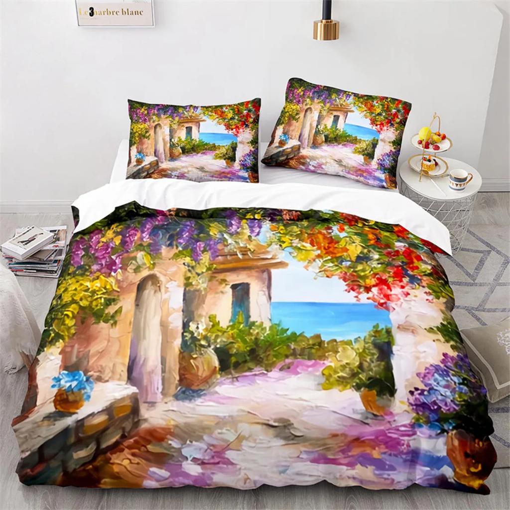 Oil Painting Duvet Cover Abstract Art Print Boat Sunset Animals And Plants Microfiber Landscape Tree Bedroom Decoration Children