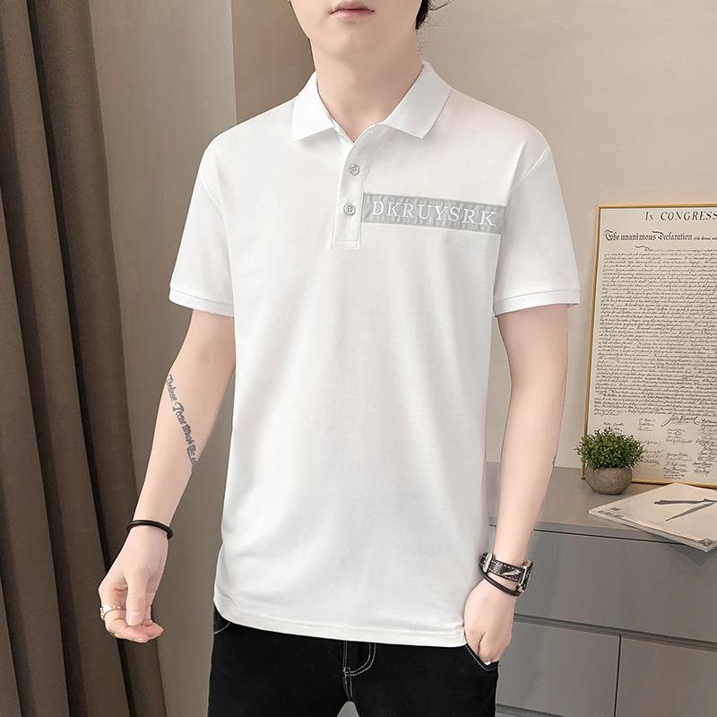 

Men s Short Sleeve Polo Shirt, White Casual Top with Text Print Chest Panel, Regular Fit Daily Wear Style M