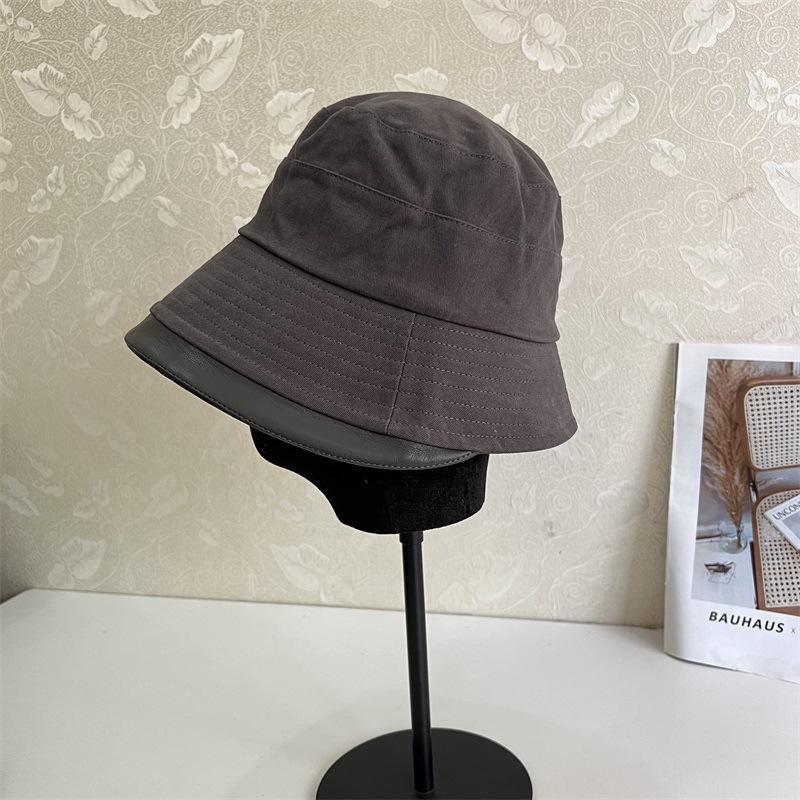 Autumn and Winter Anti-ultraviolet Solid Color Splicing Bucket Hat Thick Cotton Leather Eaves Front Long Rear Short Basin Hat Curling Small Face Hat