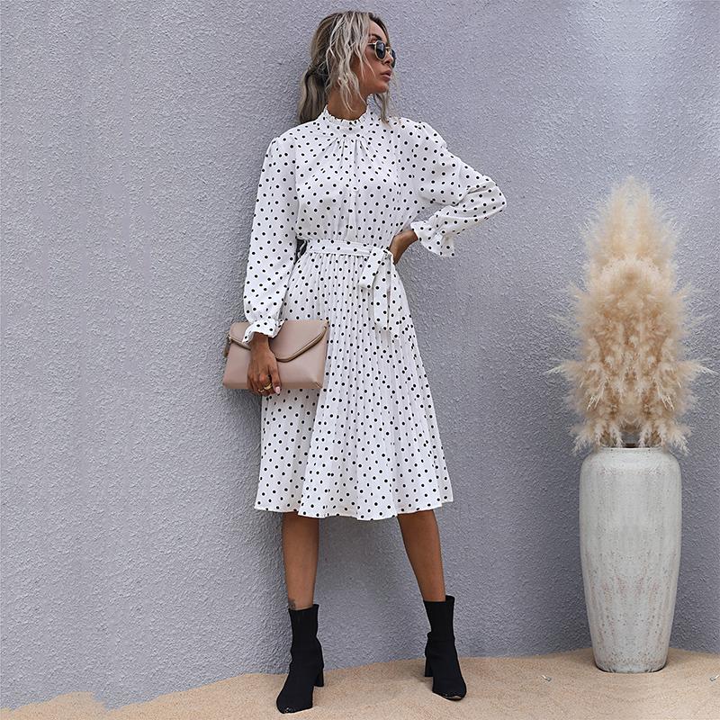 YYFS Women's Vintage Polka Dot Print Long Sleeve Slim Casual Dresses