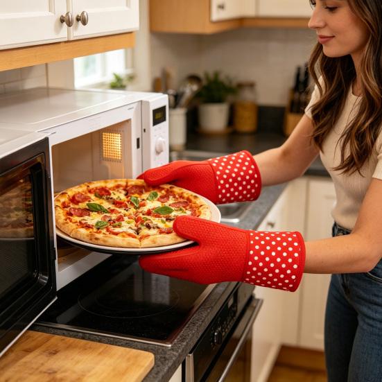 2Pcs Non-Slip Silicone Oven Gloves Heat Resistant Microwave Mitts for Baking Grilling Heavy Duty Cotton Lined Kitchen Gloves