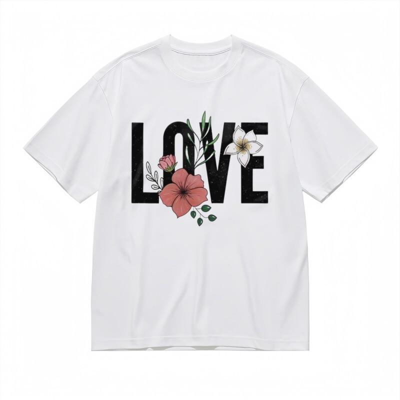 

Women s Fashion Classic T-Shirt Pink White Flowers LOVE Graphic Design Tee M