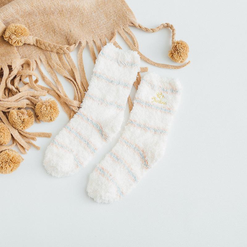 

Coral Fleece Women S Socks Winter Thickened Fleece Warm Japanese Striped Embroidered Home Floor Socks Children One size