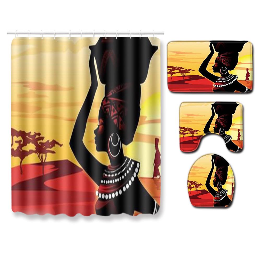 African American Women'S Bathroom Four-Piece Combination Set Household Door Mat Absorbent Non-Slip Floor Mat Carpet