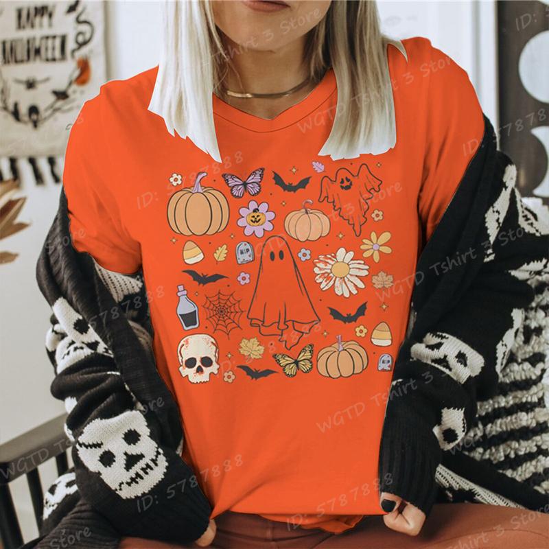 Funny Halloween Skeleton  Pumpkin Letter Print Tshirts Trendy Casual Short Sleeve Crew Neck Tees Tops Womens Clothing