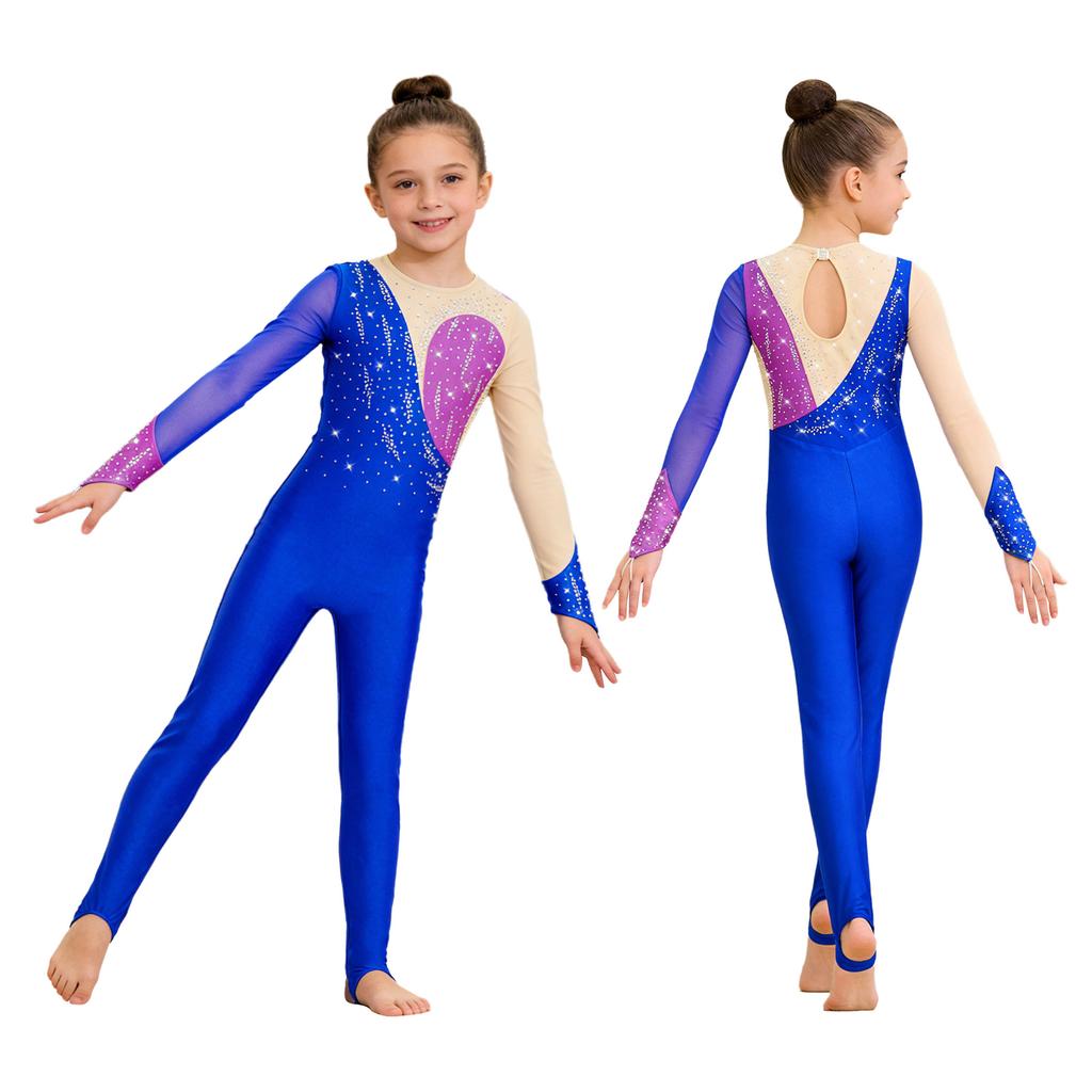 Veelzijdige Trainings- & Wedstrijdjumpsuit voor Kinderen Meisjes: Kenmerken Vingergaten, Mesh Patchwork & Strass Accenten