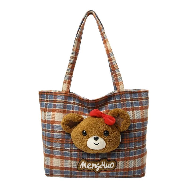 Bear Shoulder Bag Women's Bag Vintage Plaid Tote Bag