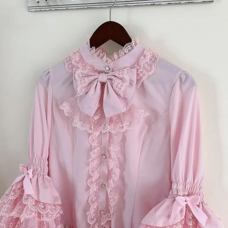 Women's Lolita Style Lace Ruffle Bow Long Sleeve Blouse