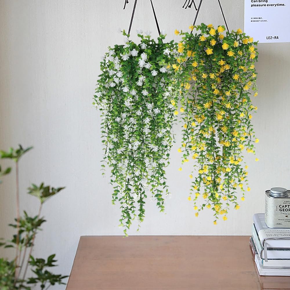Artificial Hanging Flowers, Fake Eucalyptus Vine Faux Flower Greenery Garland Plastic Plants for Indoor Outdoor Wall Garden Wedding Home Party Decor
