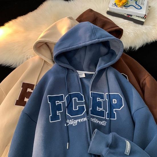 Herren Herbst Winter Kapuzenmantel Kordelzug Locker Kapuzen-Reißverschluss-Cardigan Buchstabenstickerei Oberbekleidung